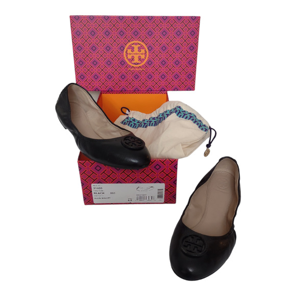 TORY BURCH Black Leather Ballet Flats Size 8.5 Shoes Elasticized Basic Simple - Picture 1 of 8